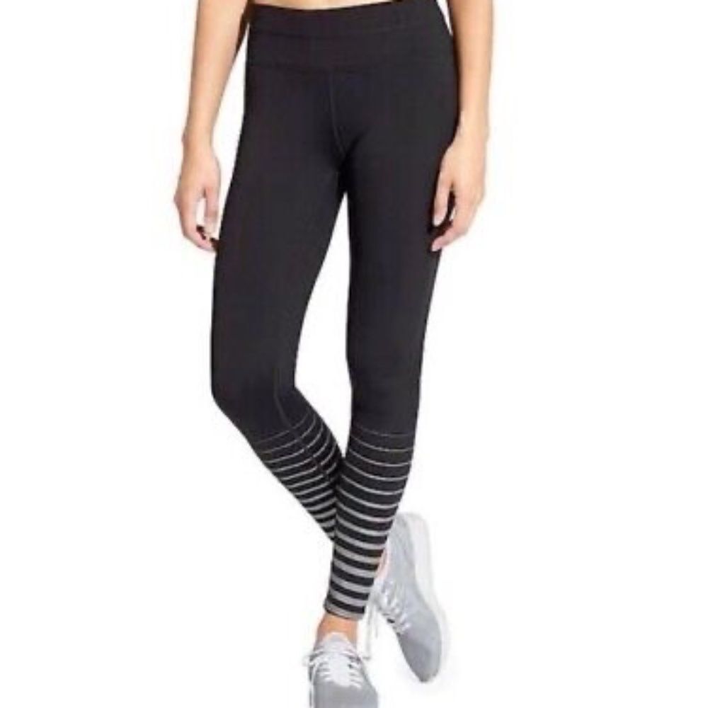 Athleta Black Sonar Reflective Calf Striped Leggings Sz‎ M
